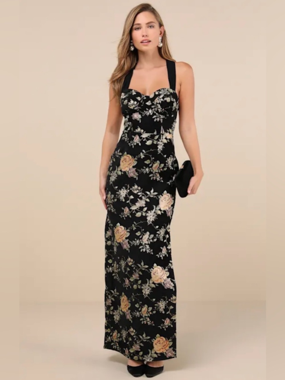 Lulus Pemberley Black Jacquard Lace-Up Maxi Dress S NWT